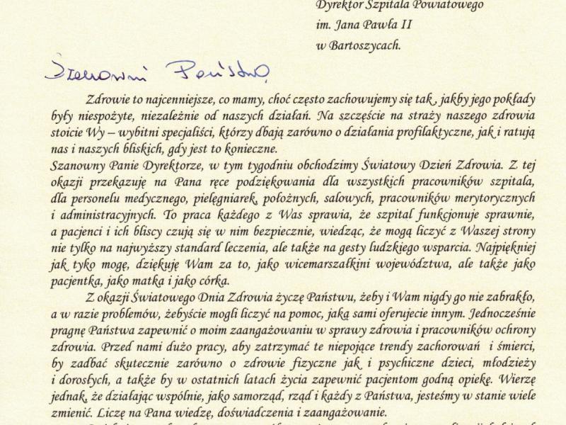 List od Wicemarszałka Województwa Warmińsko-Mazurskiego